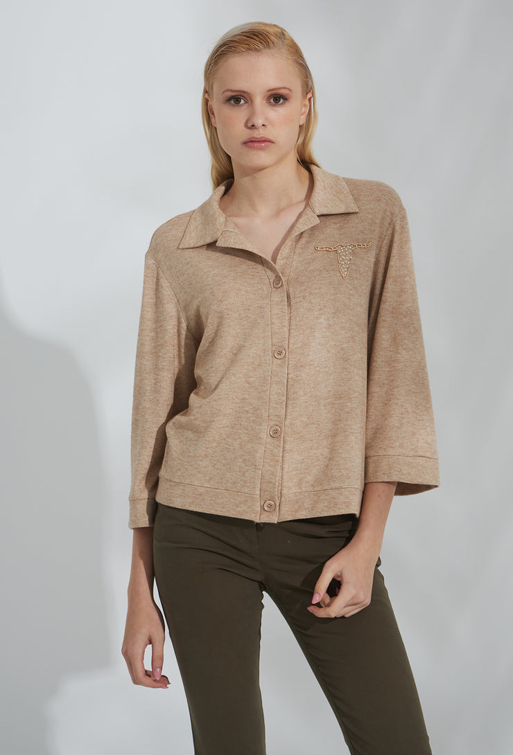 Wild West Knitted Polo Cardigan Beige