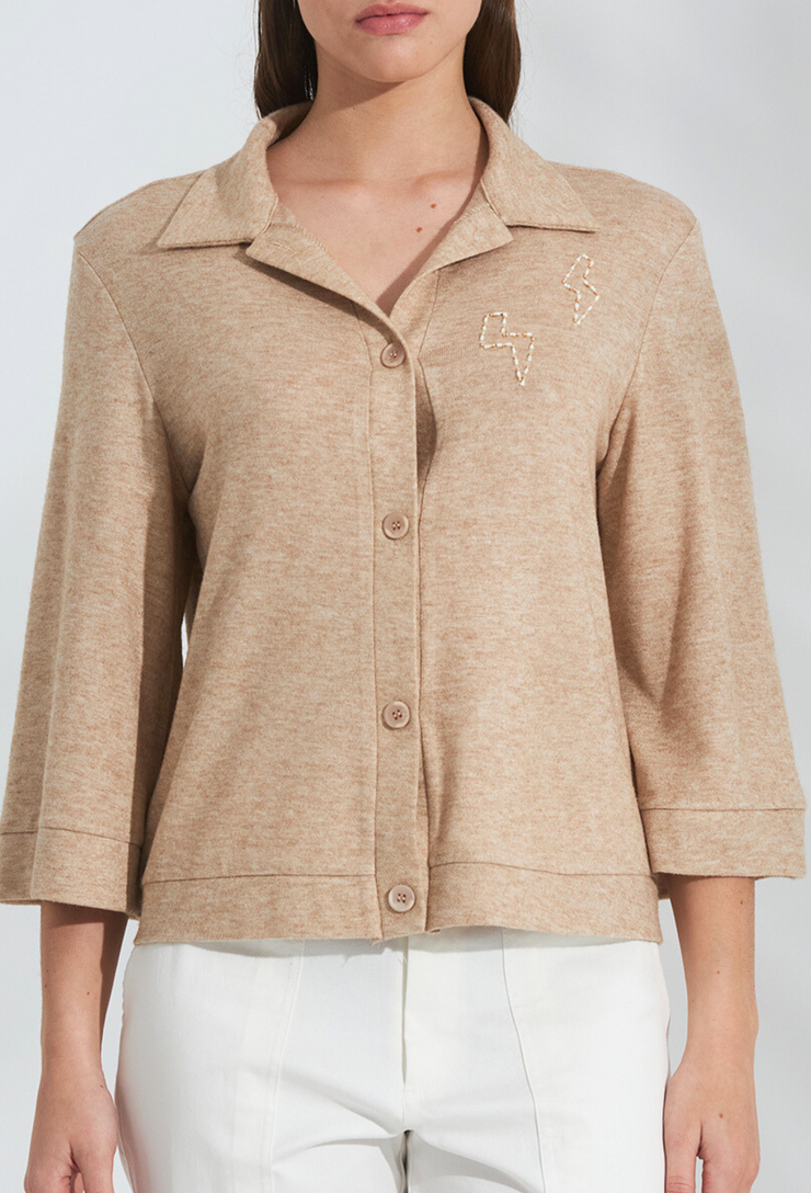 Zeus Knitted Polo Cardigan Beige